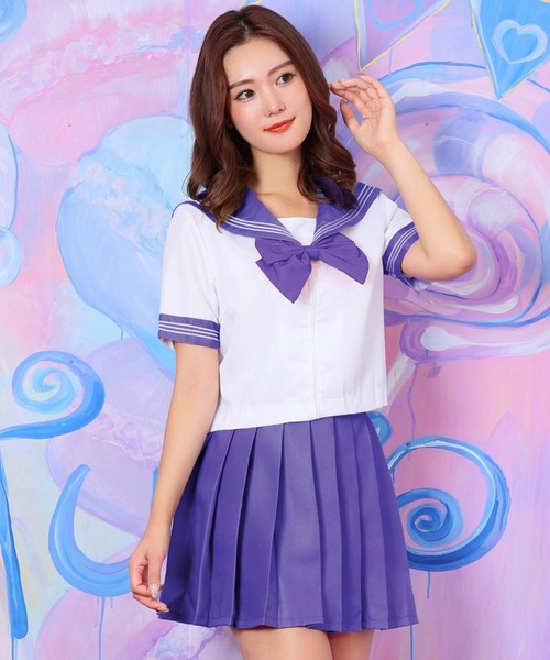 コスプレ 「制服コスプレ3点セット」ポップカラーセーラー服 半袖