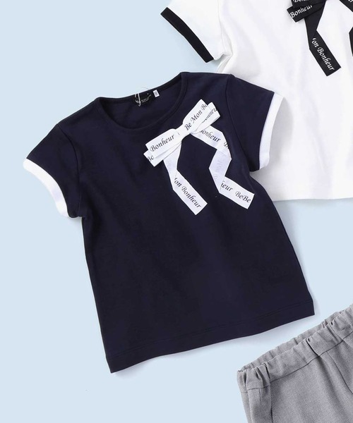 【新品タグ付き】BeBe 3点セット　Tシャツ　パンツ　綿　150 BeBe（ベベ） tシャツ グログランBIGリボンモチーフスムース半袖T