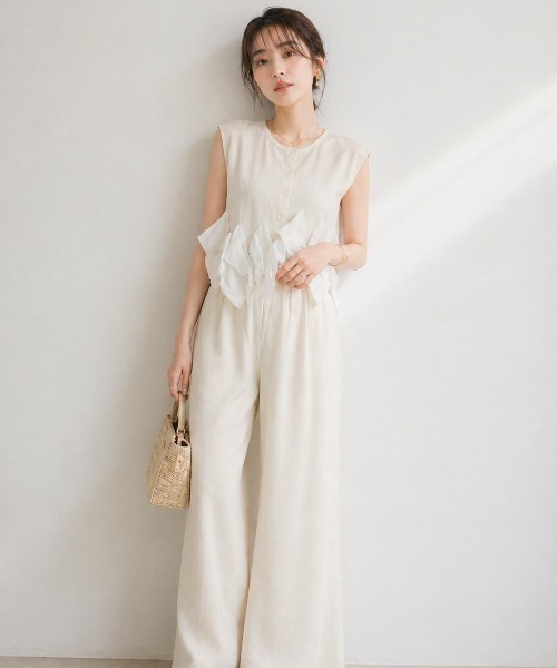 Lateru セットアップ 夏 ヘムオーガンジーリボンノースリーブニット＋