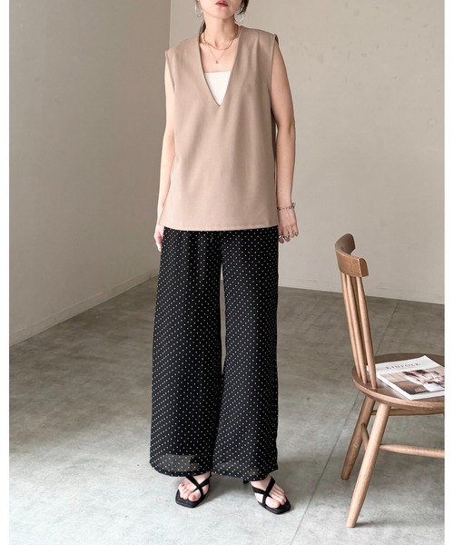 ロング丈 ノースリーブ ベスト ジレ 総柄 She's Closet ベスト ジレ ノースリーブ ロング丈 ポンチ 深Vネック
