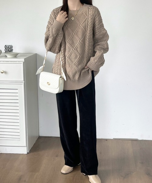 emi+ ニット セーター レディース ボリュームスリーブケーブルミドル