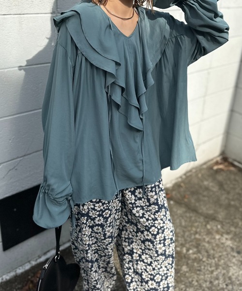 malle　80s COTTON　Bigフリルブラウス big collar frill blouse / khaki （ビッグカラーフリルブラウス