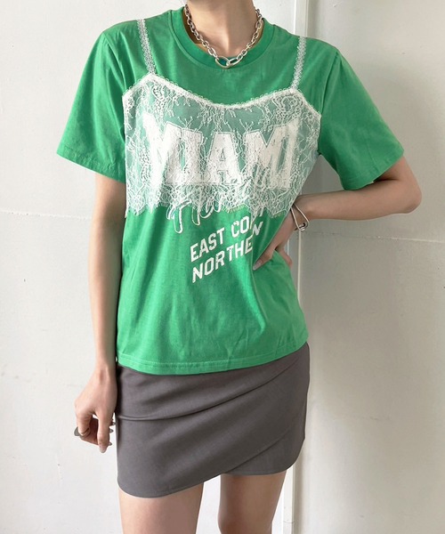 ★美品★ ERMANNO SCERVINO カーキ 緑 花柄レース 半袖Tシャツ Jewelobe（ジュエローブ） tシャツ 半袖 レースビスチェドッキングロゴ