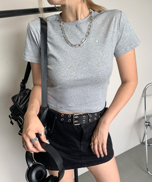 fuckthisindustry tシャツ　ラメ non-hedge tシャツ シルバーラメプリントクロップド丈半袖T