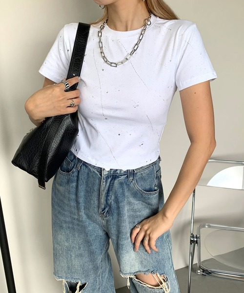 non-hedge tシャツ シルバーラメプリントクロップド丈半袖T