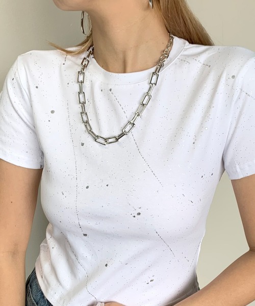 LAPINE BLANCHE 　ビジューＴシャツ　ラメ　半袖Ｔシャツ　透け感 WEB限定】ラメさがら刺繍Tシャツ