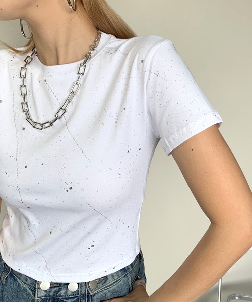 non-hedge tシャツ シルバーラメプリントクロップド丈半袖T