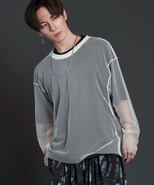 NO ID. tシャツ レイヤードメッシュロンT(シャツ) メンズ