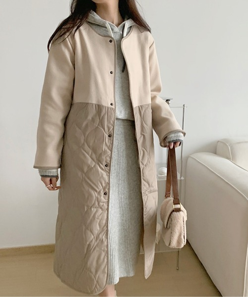 ノーカラーコート コート 切り替えキルティングロングコート
