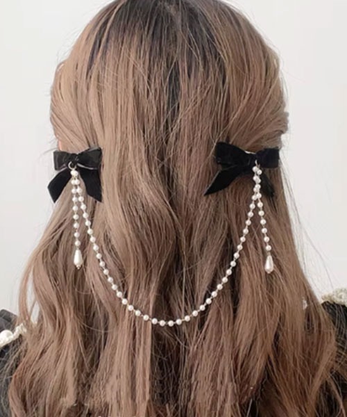 Mayree ヘアクリップ 「urge select」ベルベットリボン×ビーズチェーン