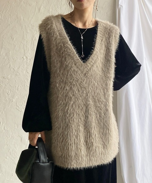 She's Closet ベスト ジレ オーバーサイズ深Vネックフェザーヤーン