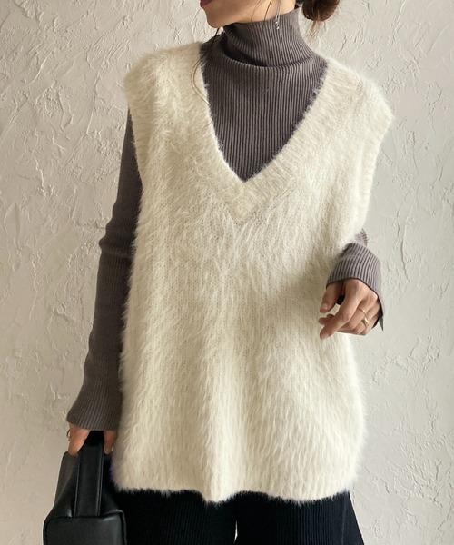 She's Closet ベスト ジレ オーバーサイズ深Vネックフェザーヤーン