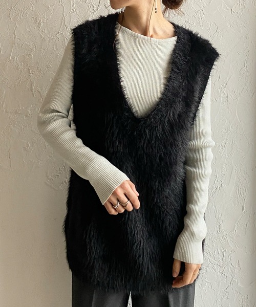 She's Closet ベスト ジレ オーバーサイズ深Vネックフェザーヤーン