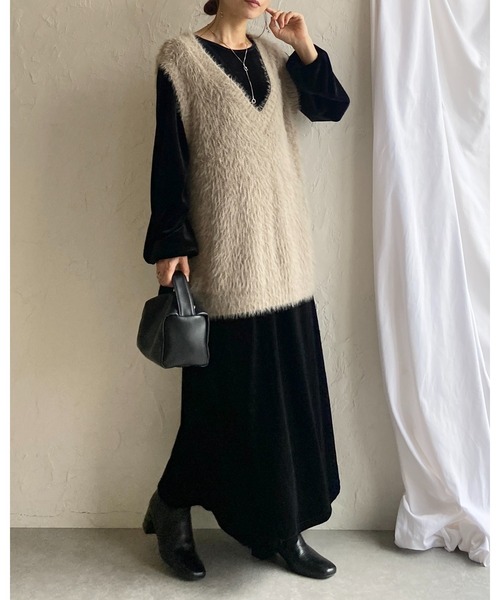 She's Closet ベスト ジレ オーバーサイズ深Vネックフェザーヤーン
