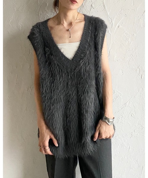 She's Closet ベスト ジレ オーバーサイズ深Vネックフェザーヤーン