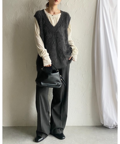 She's Closet ベスト ジレ オーバーサイズ深Vネックフェザーヤーン