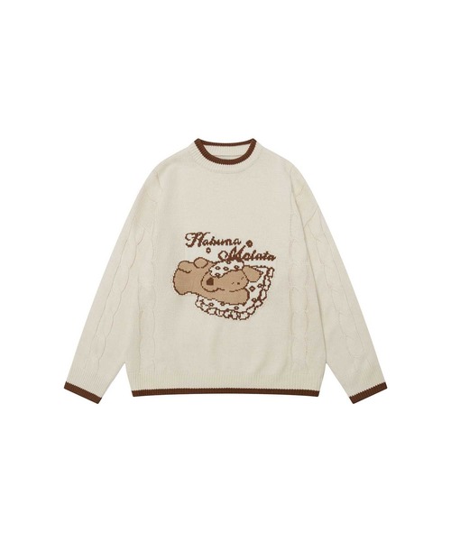 セーター ニット HOOK -select- マフラー付き犬イラストジャカード