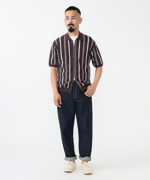 BEAMS+ ポロシャツ マルチ ストライプ ジップ ニット メンズ