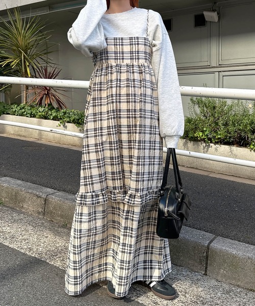 エムミーエメ リボンドットキャミアンサンブルワンピース Freesia ワンピース バックリボンシアーチェックキャミワンピース