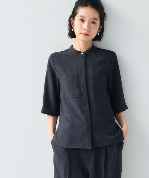 美品♪MHL. コットンリネン　ハーフスリーブシャツ　バンドカラー　2023SS 美品♪MHL. コットンリネン ハーフスリーブシャツ バンドカラー