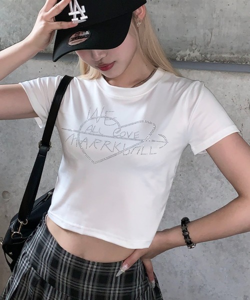 lilful tシャツ ラインストーン ハートレタリングロゴ コンパクトピチT