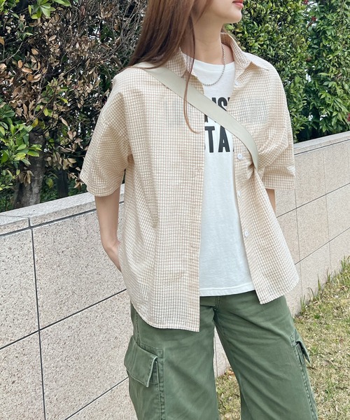 ブラウス シャツ 夏 半袖 シアーサッカーチェックシャツ レディース