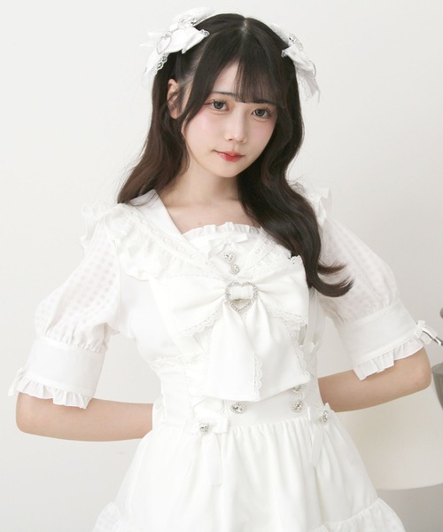 ♡Rene 34/36♡ギンガム♡フリル♡リボン可愛い♡ブラウス DearMyLove ブラウス シャツ シアーギンガムフリルレースリボン
