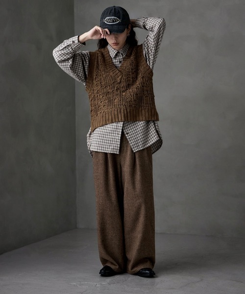 etoll.（エトル） スラックス パンツ チェックツイードタックワイド
