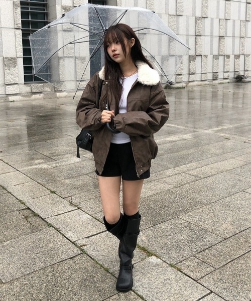 anyonemore ブルゾン アウター ビンテージフェイクレザーボア襟付き