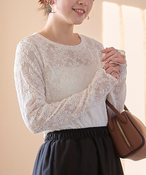 coen（コーエン） tシャツ カットレース クルーネック 長袖トップス