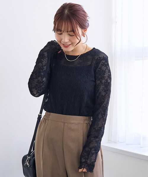 coen（コーエン） tシャツ カットレース クルーネック 長袖トップス