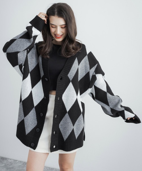 「Rocky Monroe」 ニットカーディガン L ホワイト×ブルー メンズ_画像3