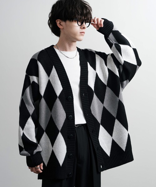 「Rocky Monroe」 ニットカーディガン L ホワイト×ブルー メンズ_画像6