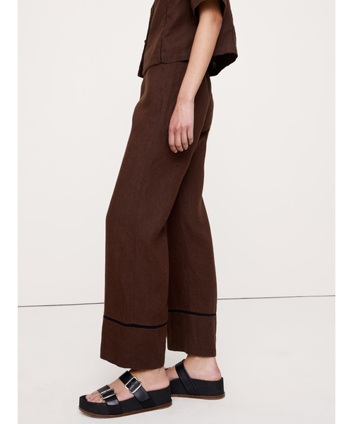 パンツ ミッドライズ キックフレア リネン アンクルパンツ レディースの画像
