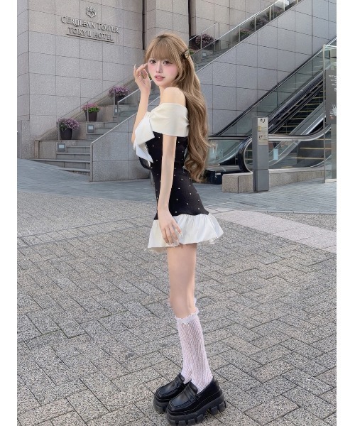 Darich（ダーリッチ） ワンピース パールビジューオフショルフリル