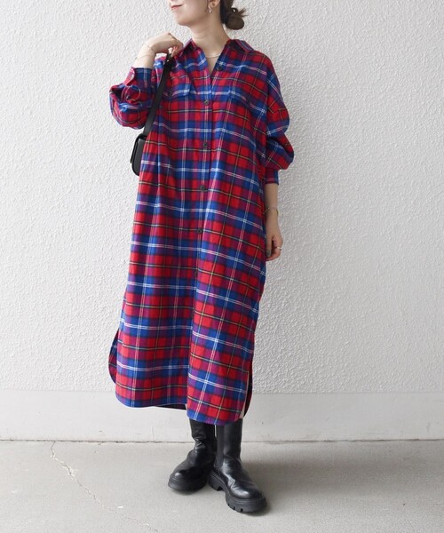 「SHIPS any」 シャツワンピース ONE SIZE レッド レディースの画像