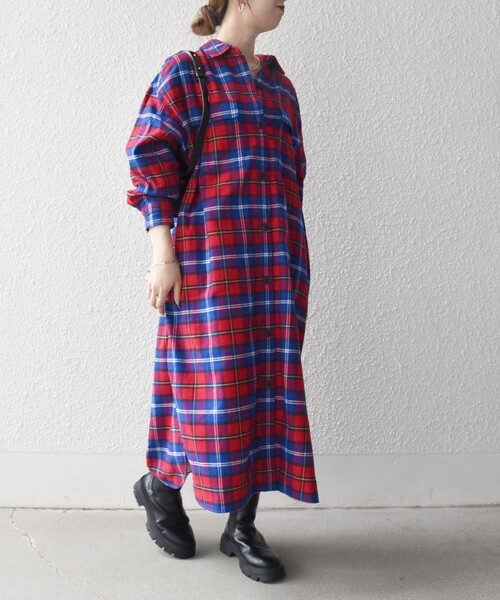 「SHIPS any」 シャツワンピース ONE SIZE レッド レディースの画像