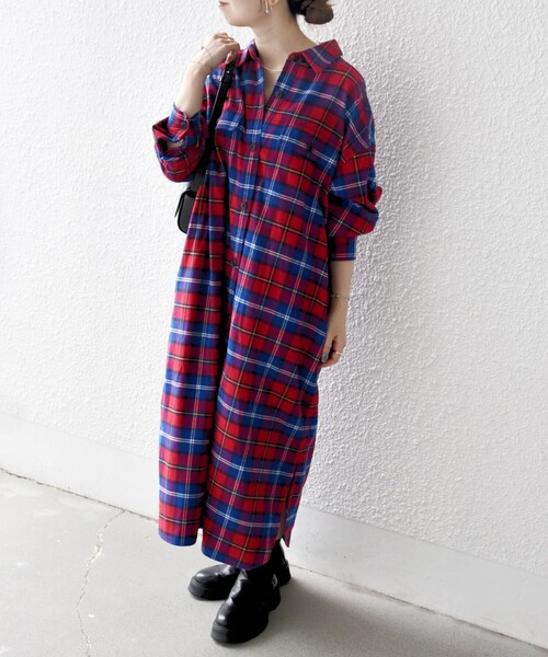 「SHIPS any」 シャツワンピース ONE SIZE レッド レディースの画像
