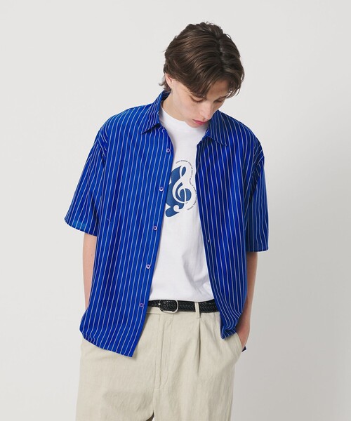 新品未使用　UNITED ARROWS ダークネイビー ストライプシャツ　M BEAUTY＆YOUTH UNITED ARROWS シャツ 半袖 カネマサ莫大小 ストライプ