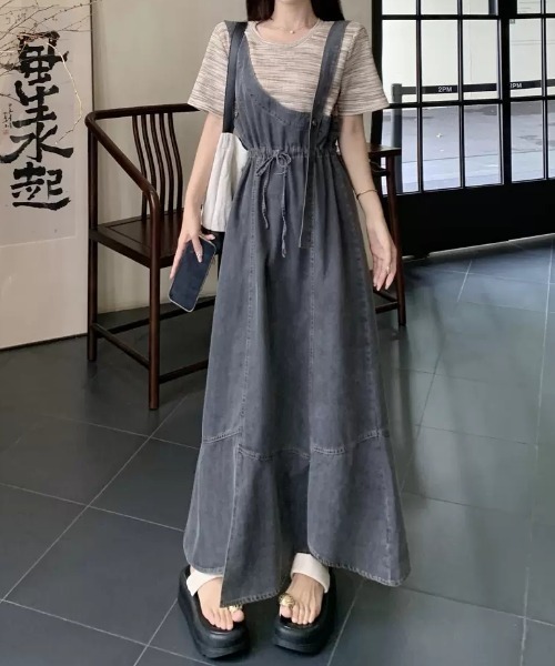 ワンピース 半袖 レイヤード風デニムワンピース