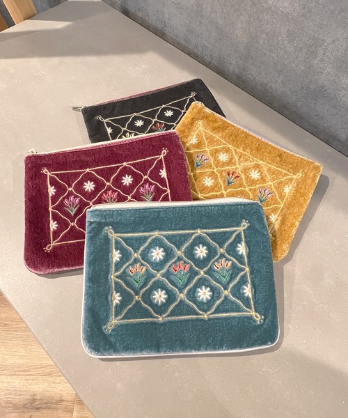 Flowering ポーチ ベロアフラワー刺繍/フラットポーチ