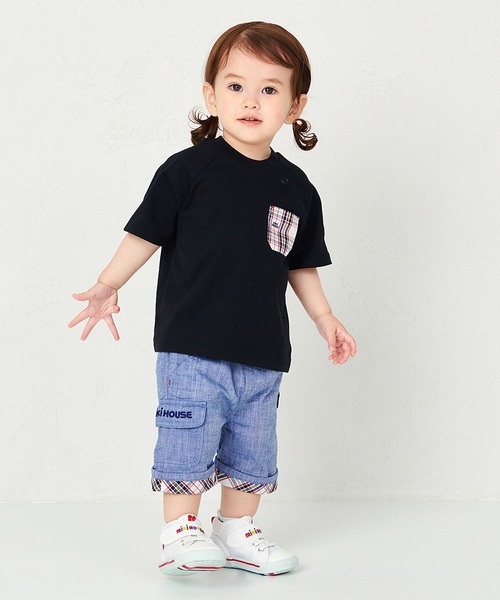 ミキハウス miki HOUSE 半袖 Tシャツ チェック90㎝　今期 MIKI HOUSE tシャツ ミキハウスチェックバックロゴ半袖Tシャツ