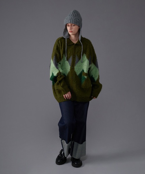 SHAGGY KNIT ARGYLE カーディガン ONCILY カーディガン ARGYLE SHAGGY KNIT CARDIGAN / アーガイル