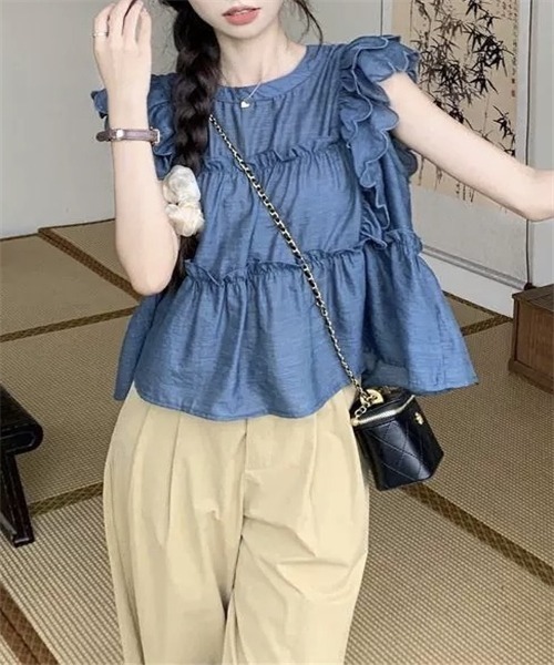 FREE STYLISTS ブラウス シャツ 半袖 スカラップ肩フリルブラウス