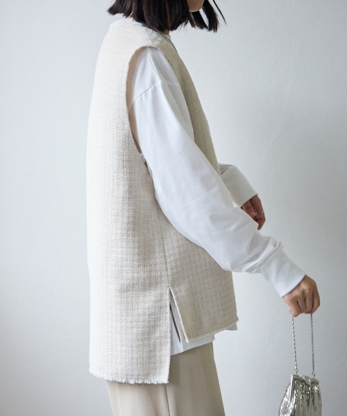 heve ツイード Vネック ノースリーブジレ 新品未使用タグ付き Tweed Gilet black | HEVE