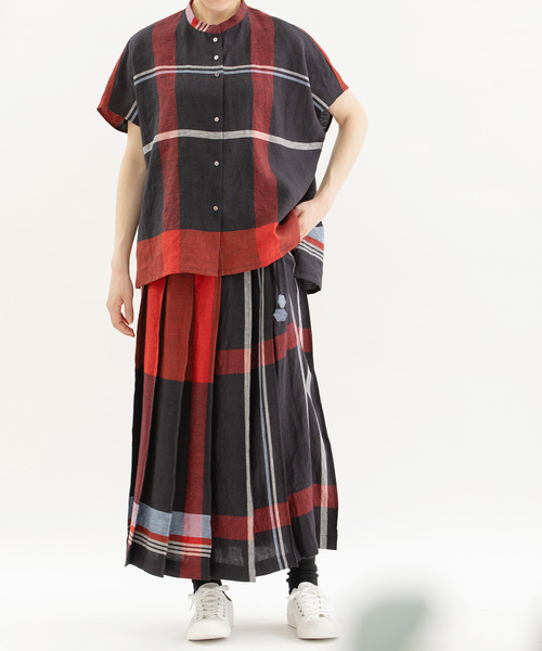 美品☆nop de nod Cielリネンパネルチェックスタンドカラーシャツ nop de nod ブラウス シャツ Cielリネンパネルチェックスタンド