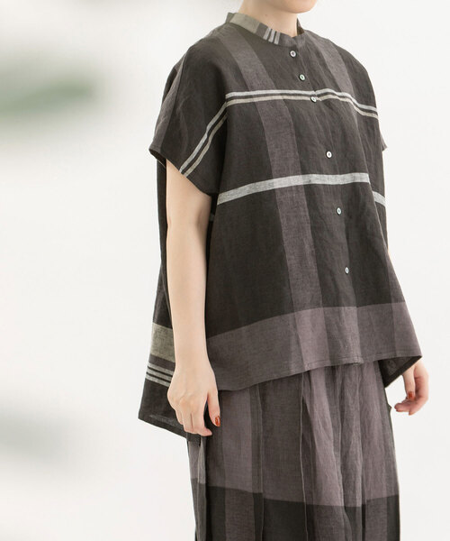 美品☆nop de nod Cielリネンパネルチェックスタンドカラーシャツ ノップドゥノッド nop de nod Cielリネンパネルチェックスタンド