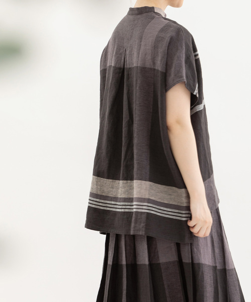 美品☆nop de nod Cielリネンパネルチェックスタンドカラーシャツ nop de nod ブラウス シャツ Cielリネンパネルチェックスタンド