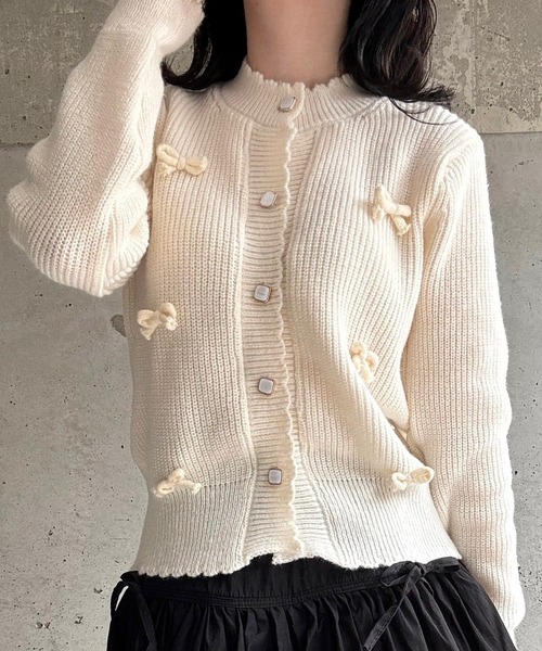 リボンモチーフニットカーデ【洗える】 Lajour｜リボンラインニットカーディガン | Rakuten Fashion