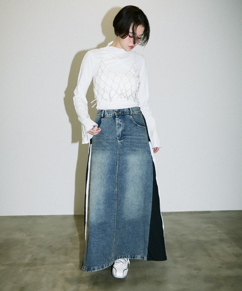 [ジェッソ] コットン デニム ロング スカート/関税送料込 Clum デニムスカート sports mix docking denim long skirt